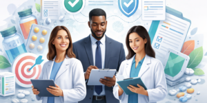 Professionals working on pharma marketing roles using data and clinical insights while applying FDA marketing regulations and ethical pharma advertising principles in campaign development