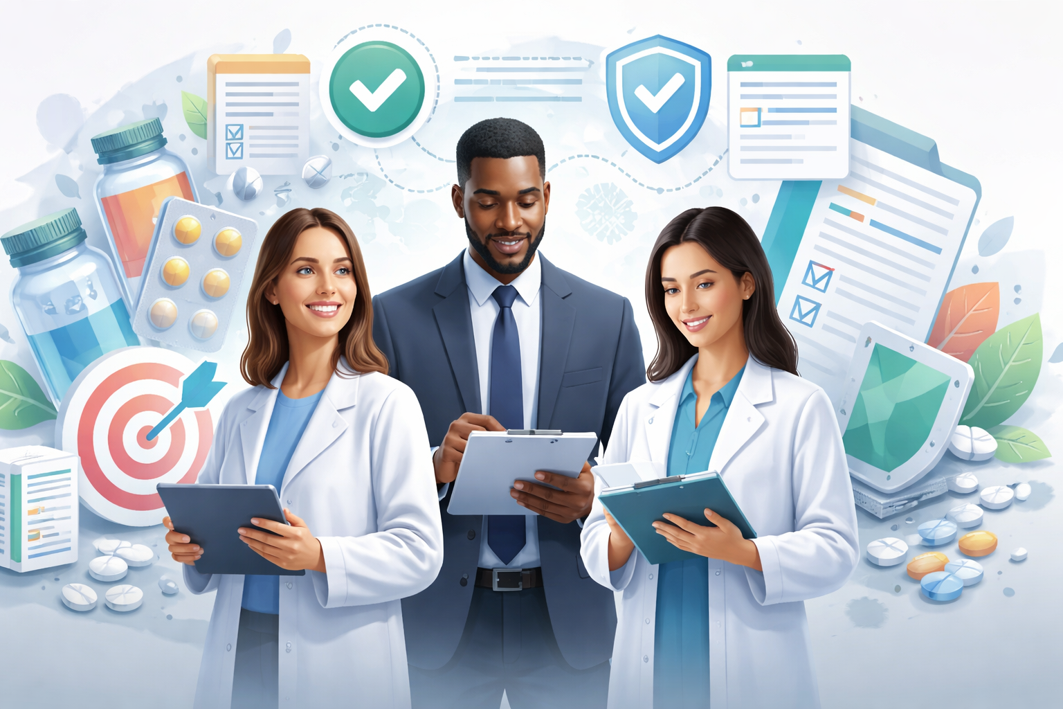 Professionals working on pharma marketing roles using data and clinical insights while applying FDA marketing regulations and ethical pharma advertising principles in campaign development