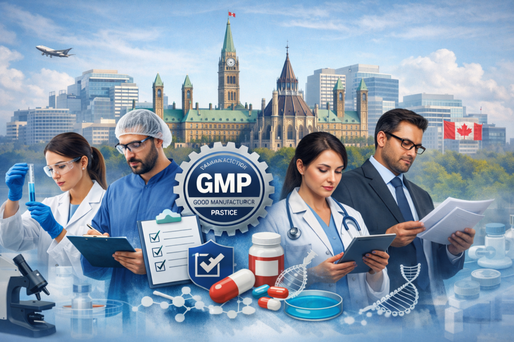 Infographic-style image showing Ottawa pharmaceutical professionals, including QA specialists, validation associates, regulatory affairs roles, production technicians, and scientist product leads, highlighting skills, compliance, and GMP focus in Ottawa’s pharma industry.