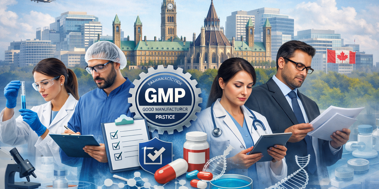 Infographic-style image showing Ottawa pharmaceutical professionals, including QA specialists, validation associates, regulatory affairs roles, production technicians, and scientist product leads, highlighting skills, compliance, and GMP focus in Ottawa’s pharma industry.