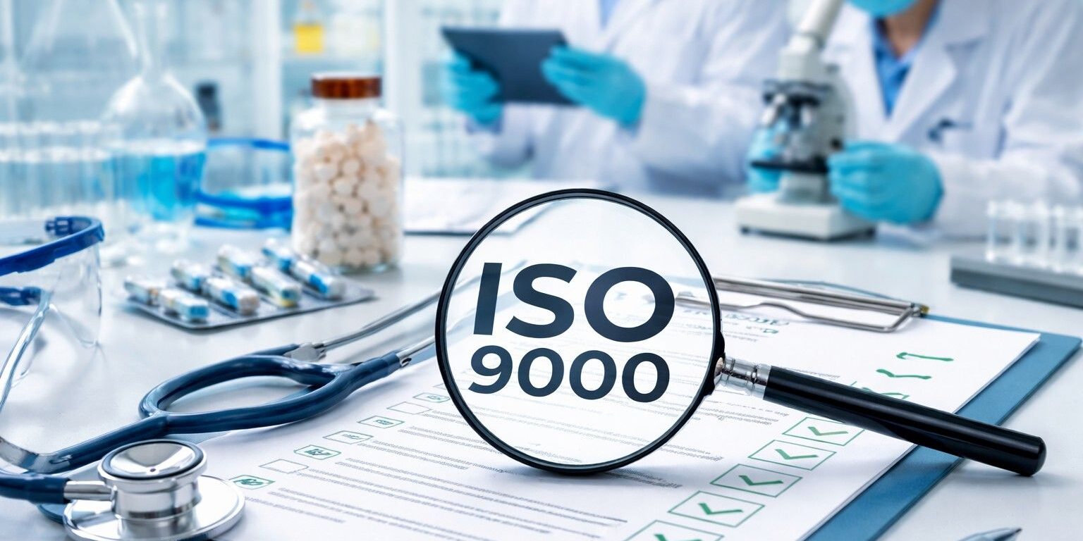Laboratory scene illustrating ISO 9000 pharma compliance with GMP quality standards, showing documentation control, CAPA system processes, and internal audit pharmaceutical GMP practices aligned with regulatory compliance pharma requirements.