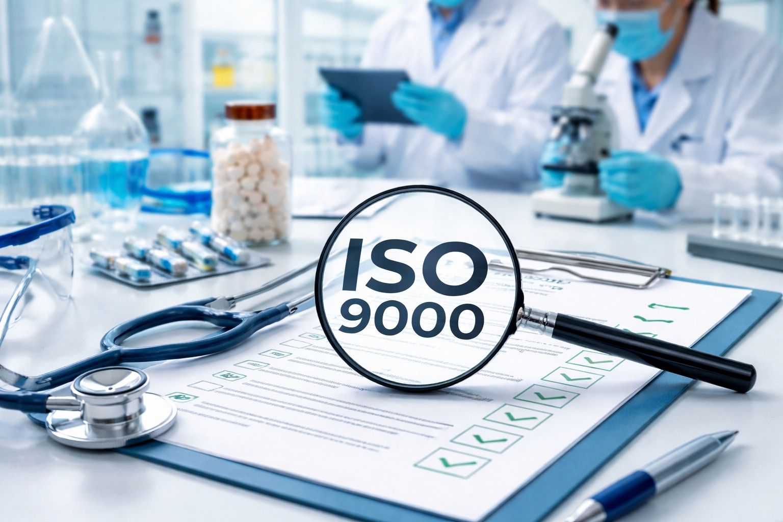Laboratory scene illustrating ISO 9000 pharma compliance with GMP quality standards, showing documentation control, CAPA system processes, and internal audit pharmaceutical GMP practices aligned with regulatory compliance pharma requirements.