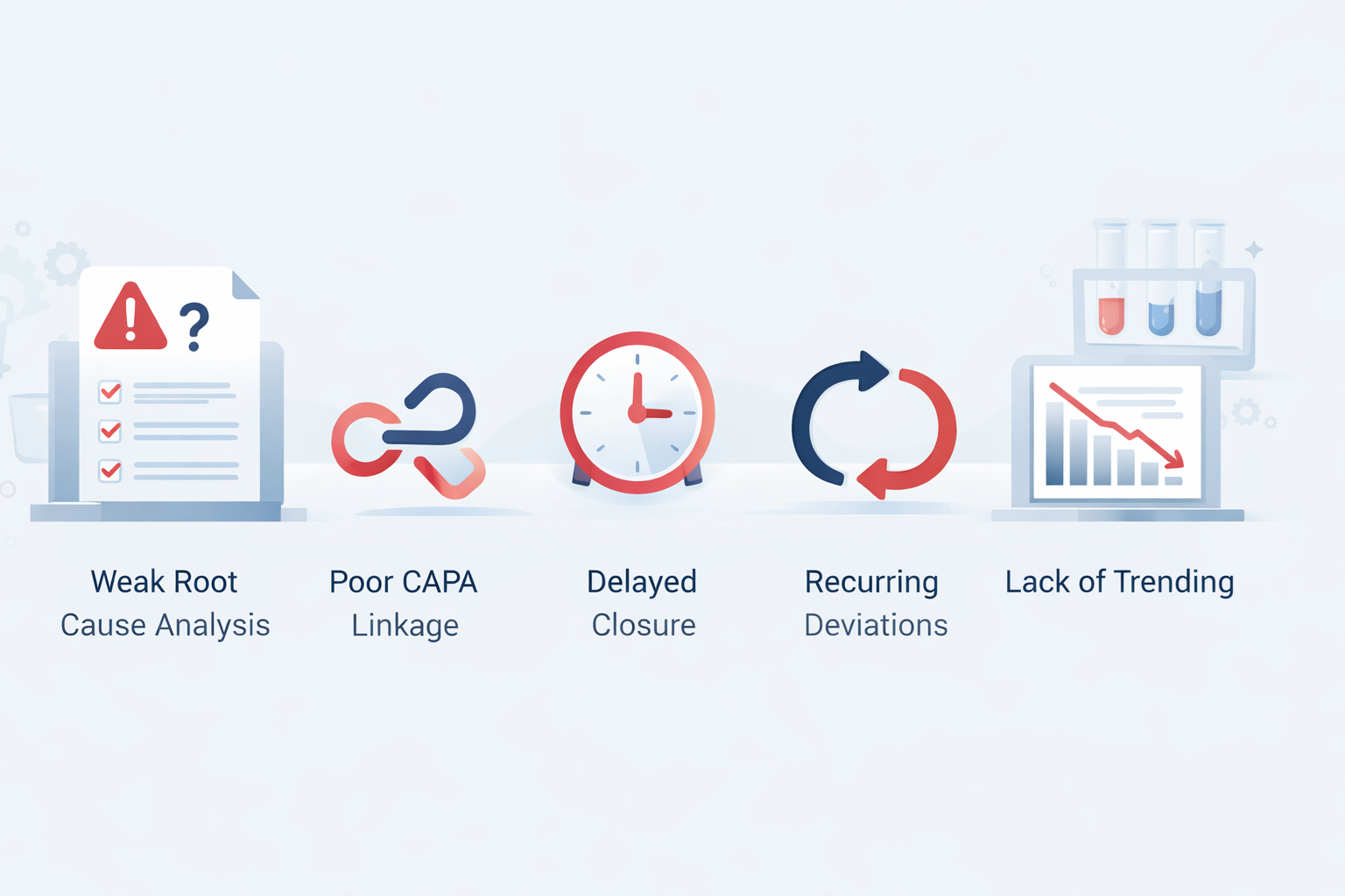 Common GMP inspection findings in pharmaceutical deviation management including root cause gaps, weak CAPA linkage, delayed closure, and recurring deviations
