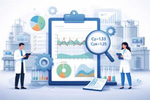 Pharmaceutical process validation metrics showing process capability analysis pharma Cp Cpk, control chart application pharmaceutical GMP, and batch variability analysis pharma in a modern validation and quality control environment.