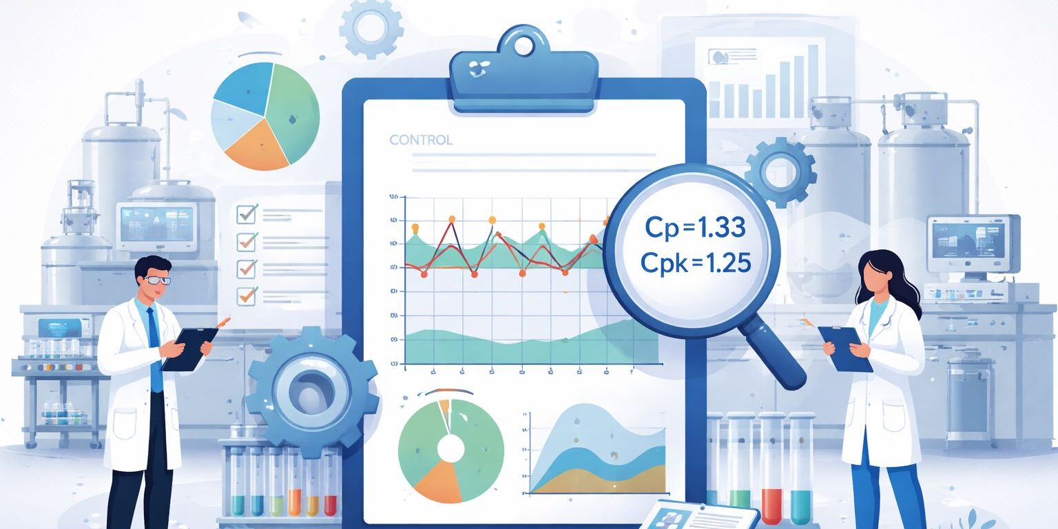 Pharmaceutical process validation metrics showing process capability analysis pharma Cp Cpk, control chart application pharmaceutical GMP, and batch variability analysis pharma in a modern validation and quality control environment.