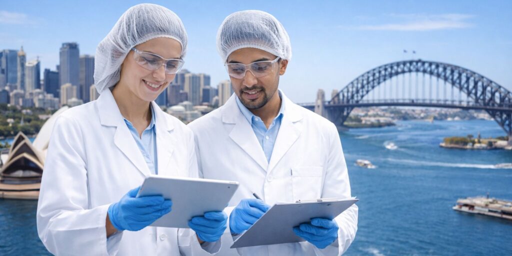Scientists working under sterile manufacturing Sydney standards with focus on GMP validation lifecycle documentation and batch release compliance TGA requirements.