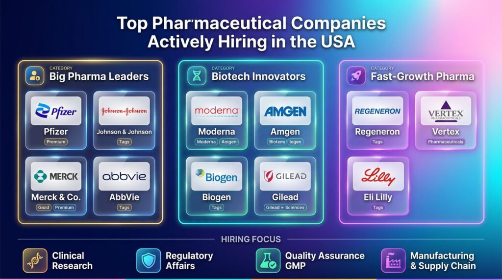 US pharmaceutical job market structure infographic showing career pathways from entry-level pharma jobs to senior and executive roles in clinical research, QA, and regulatory affairs in the USA.
