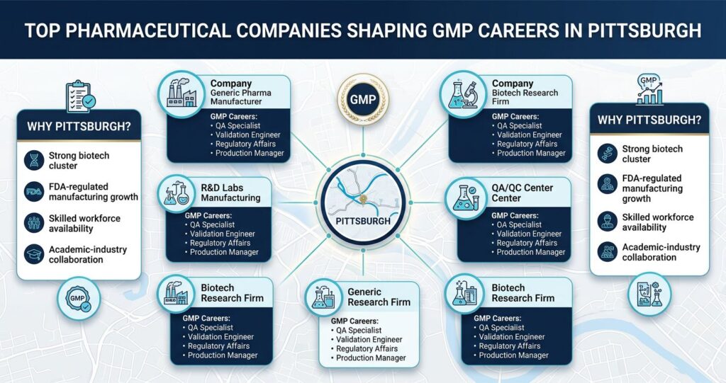 Infographic showing leading pharma companies in Pittsburgh driving GMP compliance careers, pharmaceutical jobs, and quality system roles.