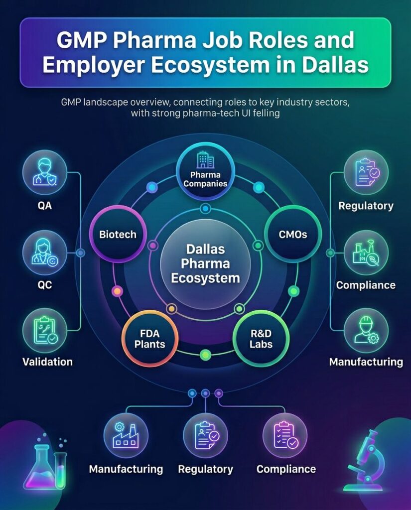 Infographic showing GMP pharmaceutical job roles and major pharma employer ecosystem in Dallas including manufacturing, QA QC, validation, and distribution careers