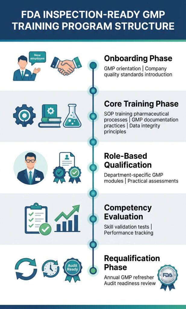 FDA inspection-ready GMP training program workflow showing employee onboarding, SOP-based training, records management, and requalification process in pharmaceutical manufacturing.