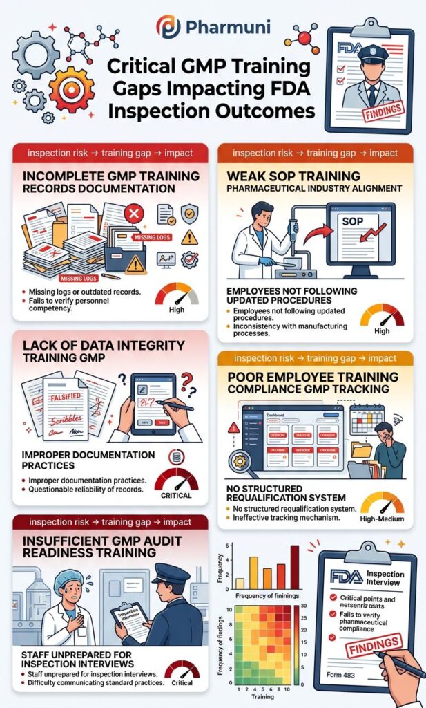 Infographic showing top GMP training gaps leading to FDA inspection findings including SOP non-compliance, poor training records, and lack of qualification tracking.