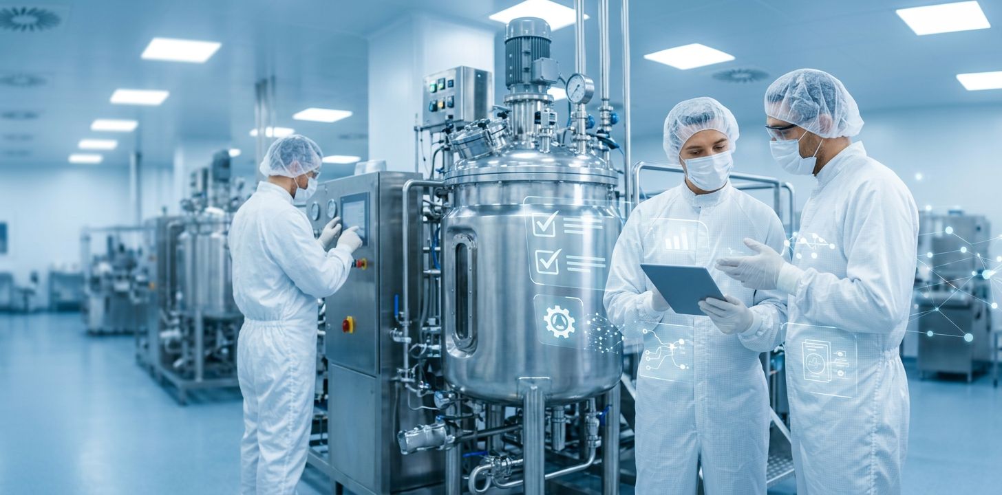 Cleanroom pharma environment showing professionals reviewing documents, representing GMP interview questions, CAPA interview scenarios, and regulatory affairs interview questions in pharmaceutical hiring processes.