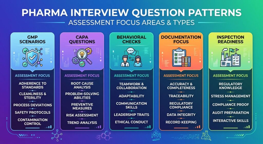 Pharma interview question patterns showing GMP scenarios, CAPA evaluation, behavioral compliance, and documentation integrity assessment in pharma hiring