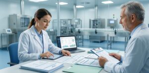 Pharmaceutical QA professionals reviewing GMP compliance interview questions, CAPA interview scenarios pharma, and FDA inspection readiness QA documents in a quality management system interview setting.