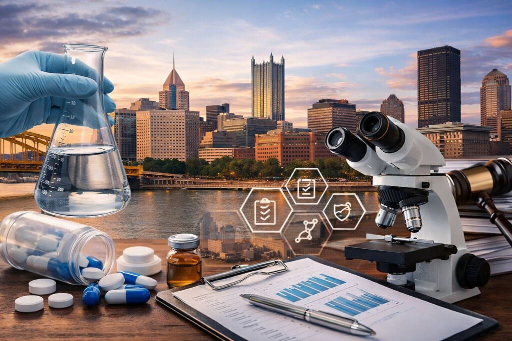 Pharmaceutical jobs in Pittsburgh visual showing GMP compliance careers, pharmaceutical quality systems jobs, QC analyst pharmaceutical manufacturing roles, and validation engineer pharmaceutical industry environment in a modern city setting.
