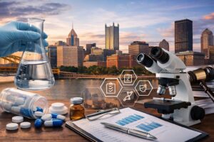 Pharmaceutical jobs in Pittsburgh visual showing GMP compliance careers, pharmaceutical quality systems jobs, QC analyst pharmaceutical manufacturing roles, and validation engineer pharmaceutical industry environment in a modern city setting.