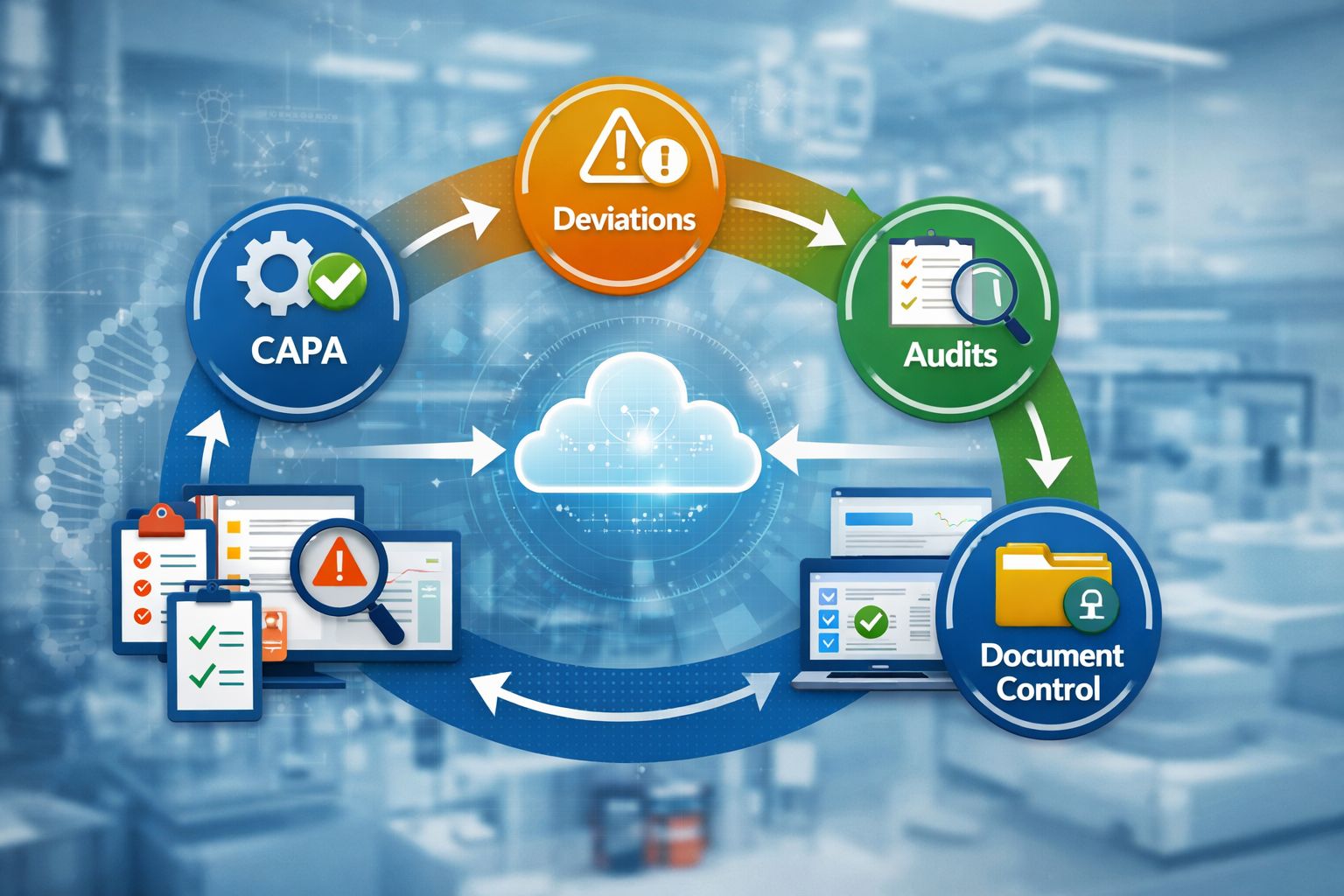 Workflow illustration of GMP documentation control software integrated with deviation management system pharma and audit processes, demonstrating structured compliance and quality assurance in pharmaceutical manufacturing environments.
