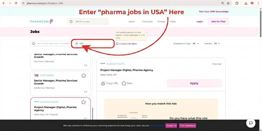 pharmaceutical jobs USA filtering by GMP experience salary and regulatory roles