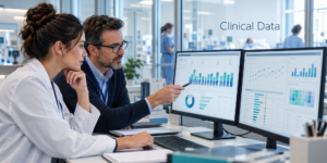 Clinical data management professionals review anonymized trial dashboards and data trends.