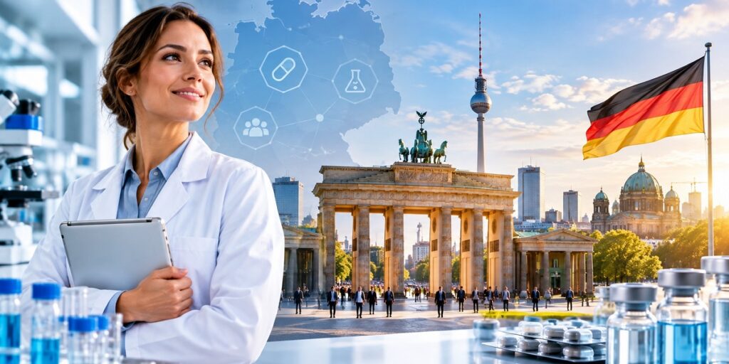 Pharmaceutical professional overlooking Berlin for pharma jobs in Germany