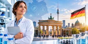 Pharmaceutical professional overlooking Berlin for pharma jobs in Germany