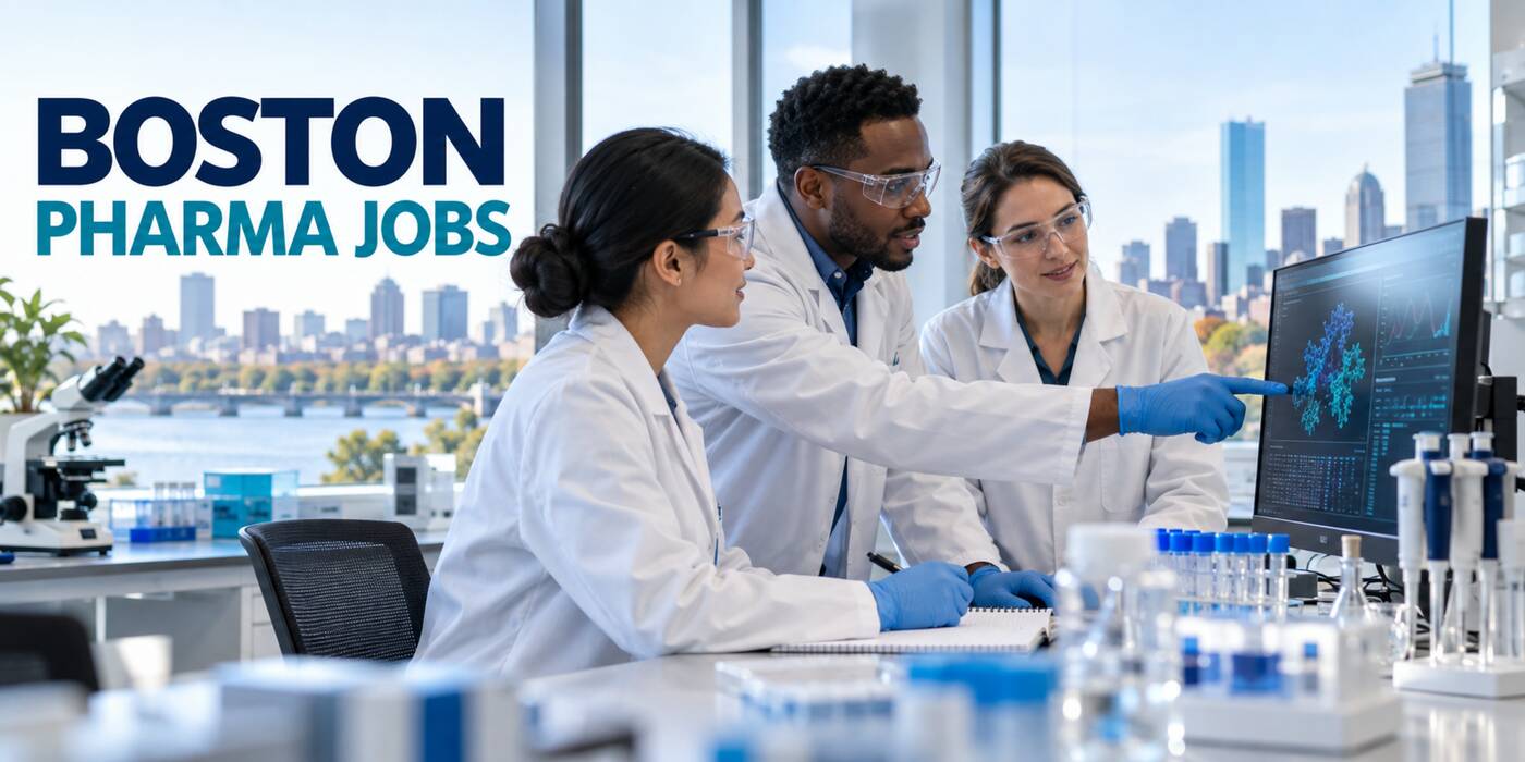 Pharmaceutical professionals exploring pharma jobs in a modern Boston biopharma workplace