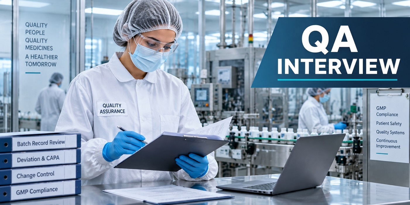 Pharmaceutical QA professional reviewing GMP records during a quality assurance interview preparation scene.