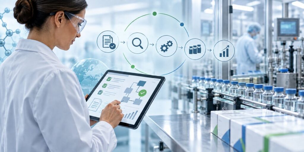 Pharmaceutical manufacturing professional reviewing change control in pharma, regulatory workflows, and product lifecycle activities on a digital tablet.