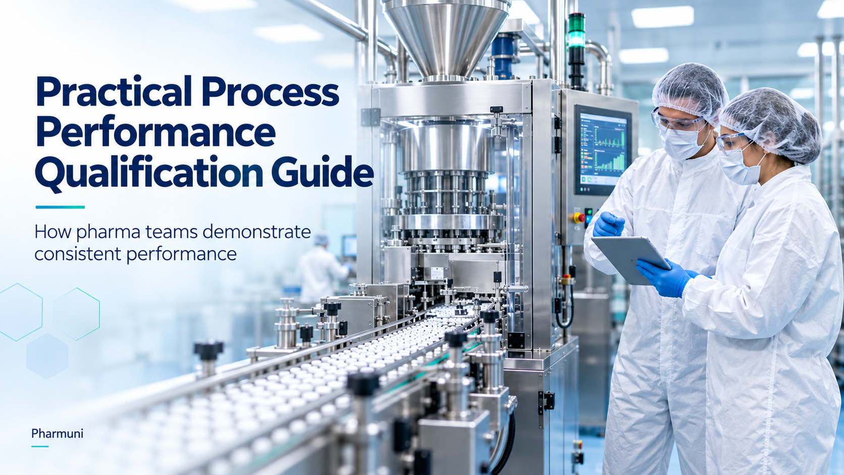Specialists review process performance qualification data beside commercial pharmaceutical manufacturing equipment