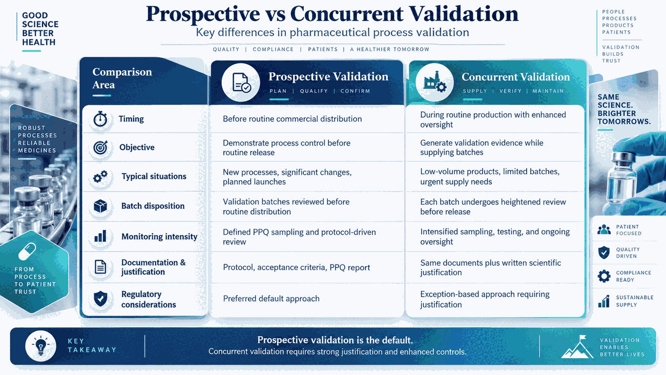 Prospective validation builds evidence before routine distribution; concurrent validation builds evidence during exceptional commercial manufacture