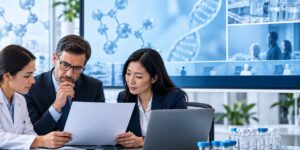 Regulatory team reviewing an IND application package before clinical trials.