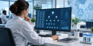 Safety professional reviewing MedDRA coding and pharmacovigilance data on a digital workstation.