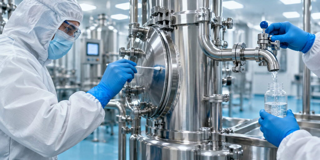 Technician performing swab and rinse sampling on pharmaceutical stainless-steel equipment.