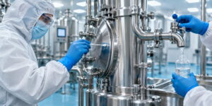 Technician performing swab and rinse sampling on pharmaceutical stainless-steel equipment.
