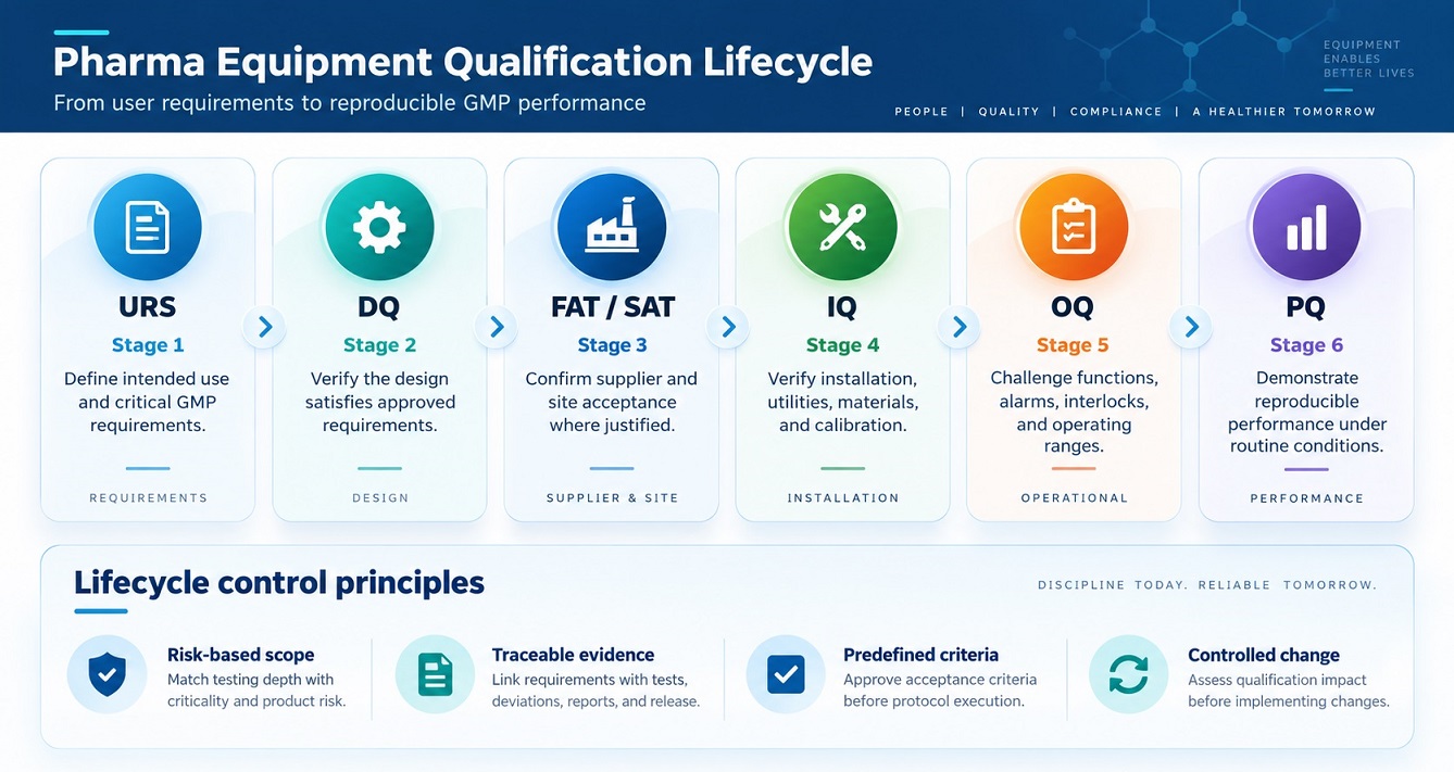 The qualification lifecycle connects URS and DQ with installation, operation, and performance evidence.