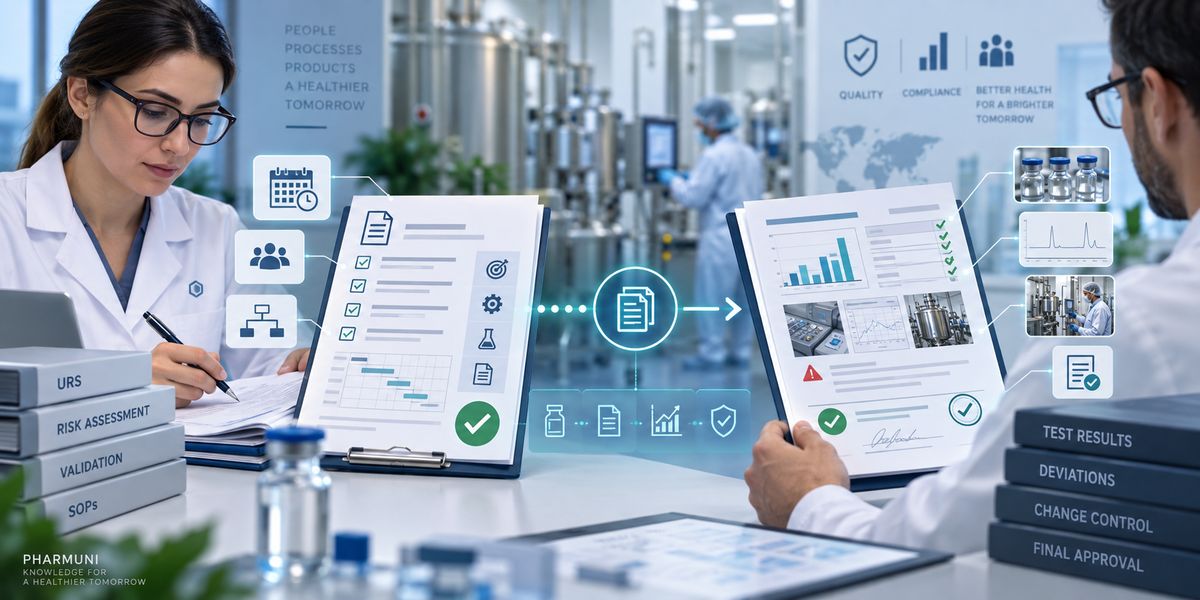 Pharmaceutical professionals reviewing process validation protocol records and validation evidence with focus on acceptance criteria and GMP validation documentation.