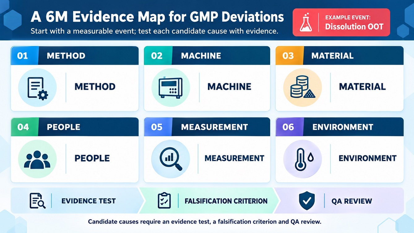 se the six 6M categories to organize possible causes of a GMP deviation. Test each hypothesis against evidence, define how it could be disproved, and include QA review.