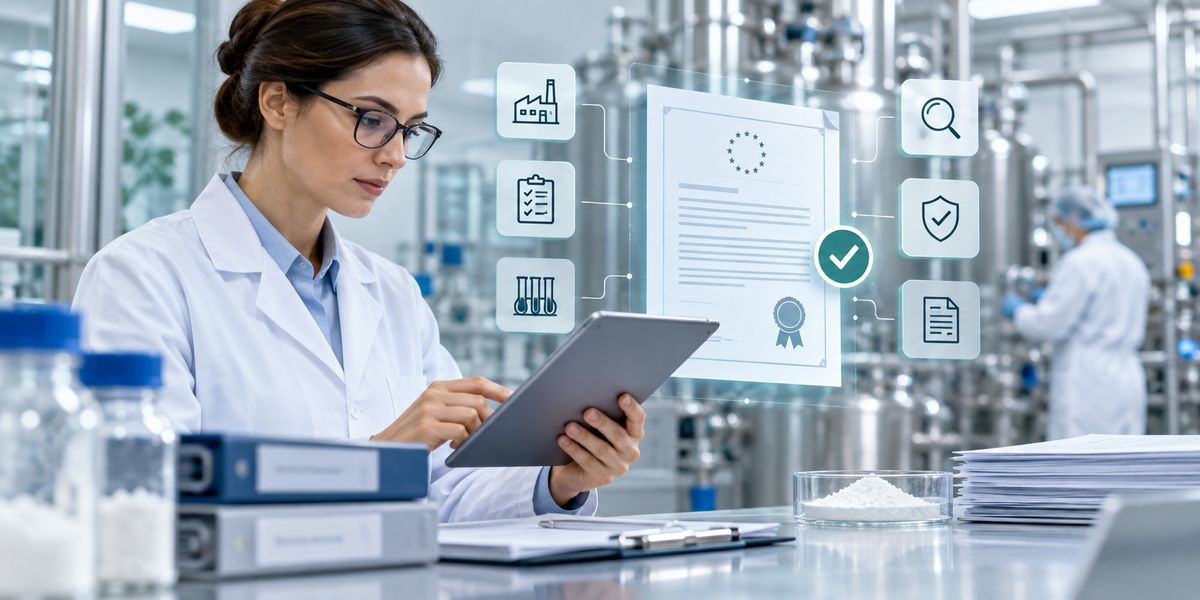 Quality assurance specialist reviewing a Certificate of Suitability with digital verification icons in a pharmaceutical manufacturing facility