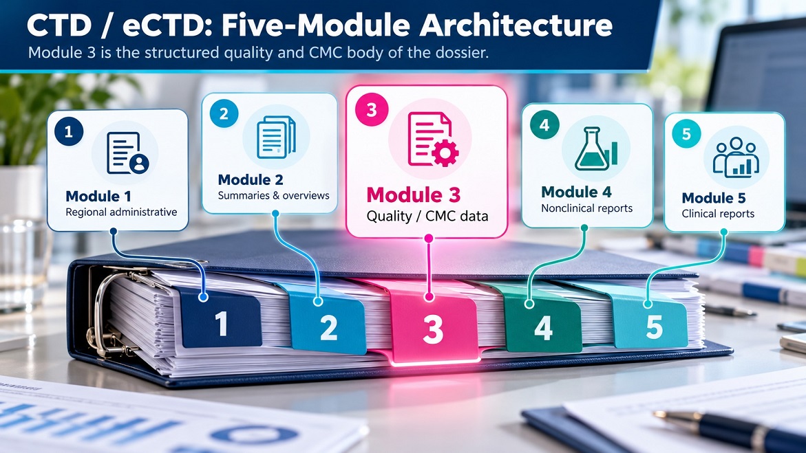 Five-module CTD/eCTD dossier architecture