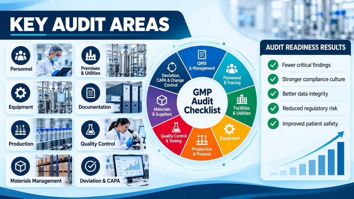 Pharmaceutical GMP audit areas and inspection readiness infographic covering pharmaceutical quality systems (PQS), personnel training, documentation and data integrity, production controls, QC laboratories, equipment qualification, supplier management, and CAPA compliance.