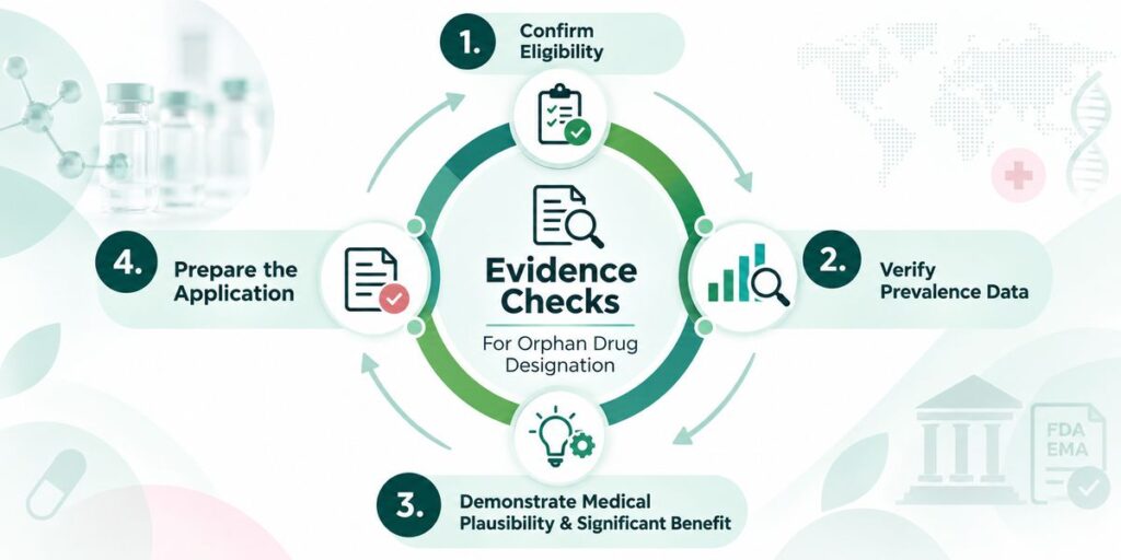 FDA and EMA regulatory review illustration showing medical plausibility assessments, scientific checklists, a medicine vial, and rare disease patients
