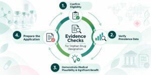 FDA and EMA regulatory review illustration showing medical plausibility assessments, scientific checklists, a medicine vial, and rare disease patients