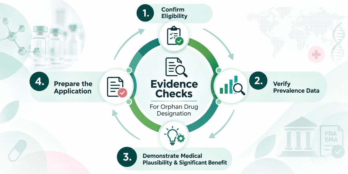 FDA and EMA regulatory review illustration showing medical plausibility assessments, scientific checklists, a medicine vial, and rare disease patients