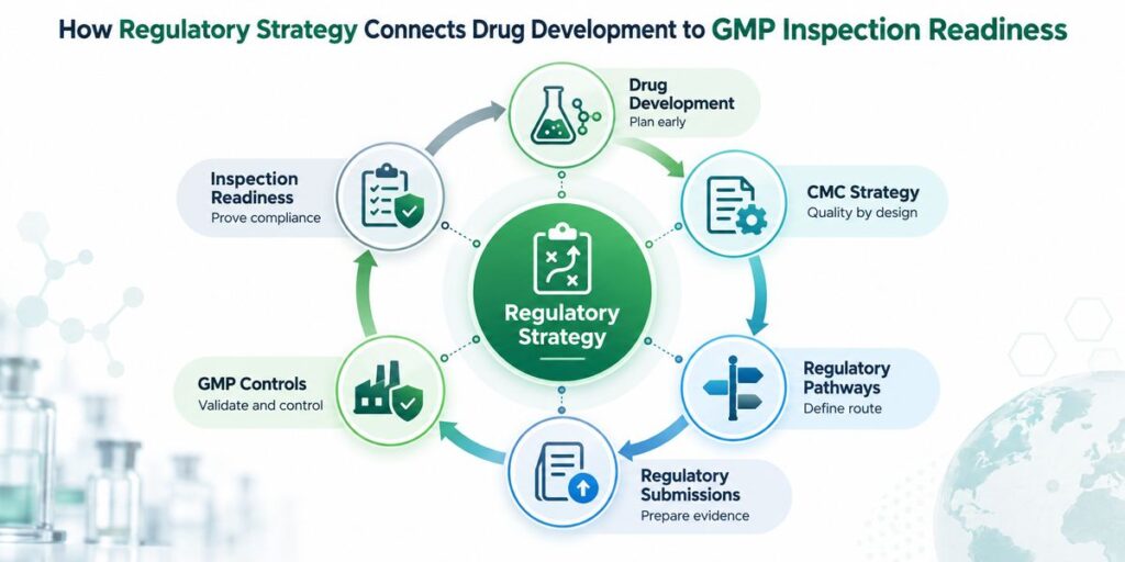 Scientist, drug manufacturing line, and quality documentation representing CMC regulatory strategy and pharmaceutical development controls.