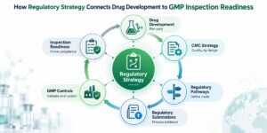 Scientist, drug manufacturing line, and quality documentation representing CMC regulatory strategy and pharmaceutical development controls.