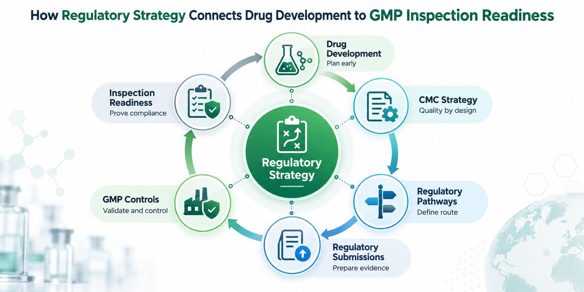 Scientist, drug manufacturing line, and quality documentation representing CMC regulatory strategy and pharmaceutical development controls.