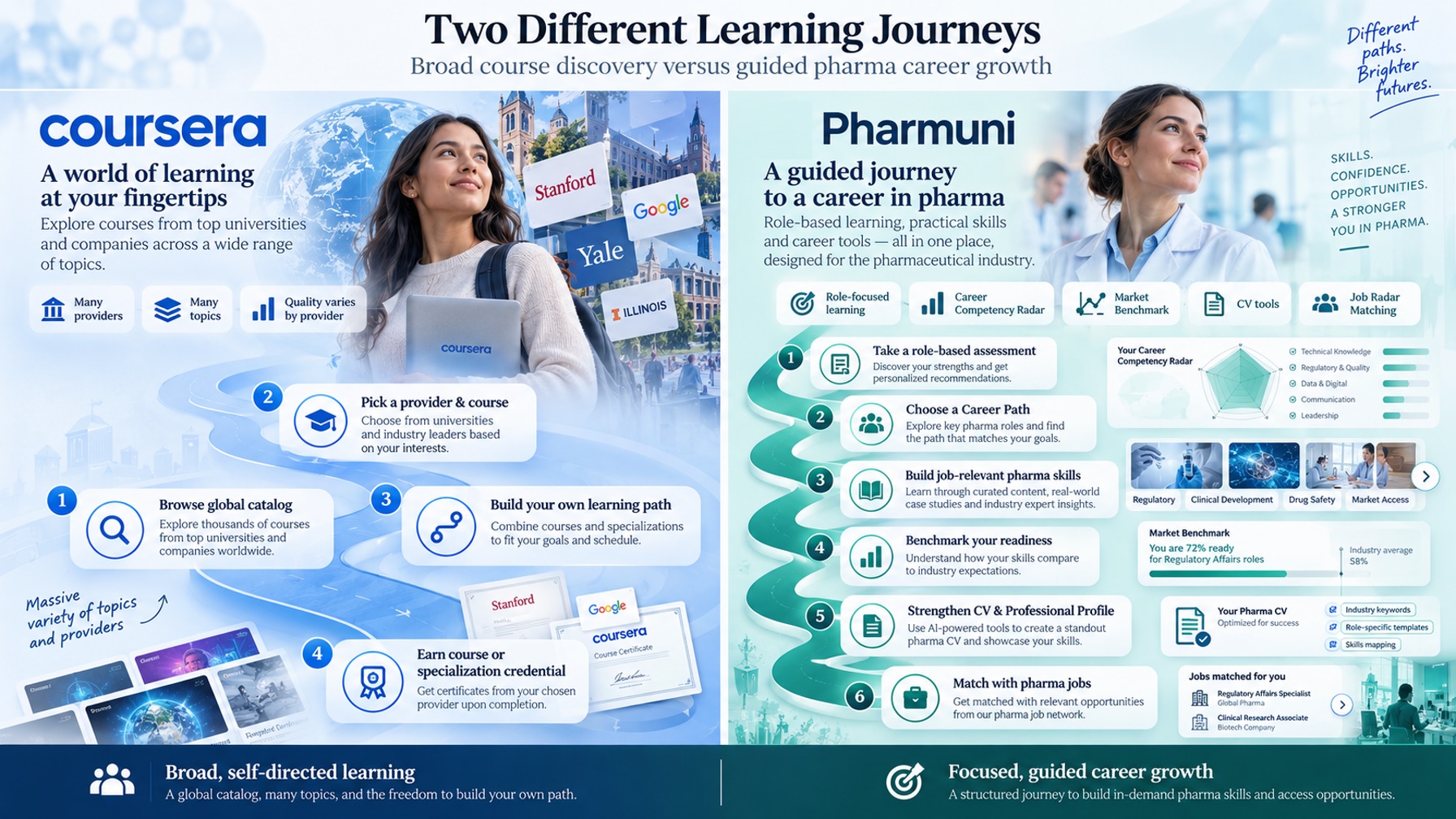 Two learning journeys: broad self-directed discovery on Coursera versus guided pharma career growth on Pharmuni