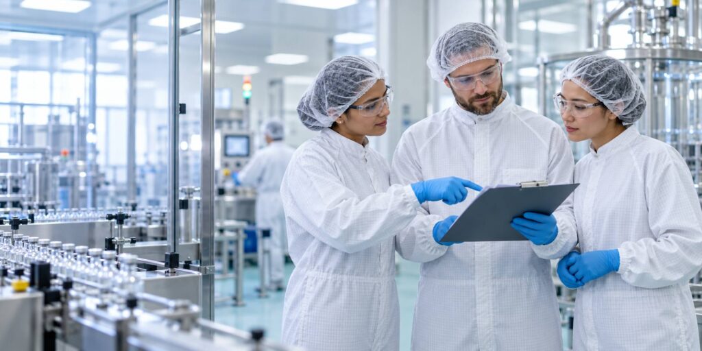 Three pharmaceutical professionals in cleanroom attire review a batch record together in a GMP manufacturing facility.